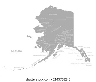Highly detailed gray map of Alaska state, USA. Administrative Alaskan map with territory borders and names of departments vector illustration isolated on white background