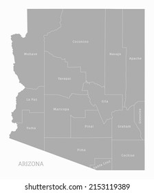 Highly detailed gray map of Arizona, US state Administrative map of Arizona with territory borders and names of departments realistic vector illustration