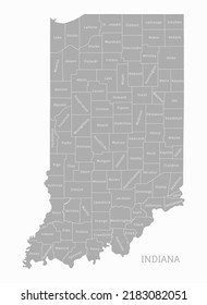 Highly Detailed Gray Map Of Indiana, US State. Editable Administrative Map Of Indiana With Territory Borders And Counties Names Labeled Realistic Vector Illustration