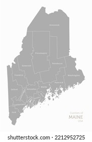 Mapa gris muy detallado de Maine, estado de EEUU. Mapa administrativo editable de Maine con fronteras territoriales y nombres de condados etiquetados como ilustración vectorial realista