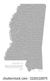 Highly detailed gray map of Mississippi, US state. Editable administrative map of Mississippi with territory borders and counties names labeled realistic vector illustration