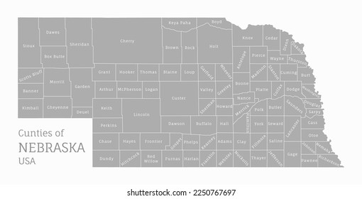 Highly detailed gray map of Nebraska, US state. Editable administrative map of Nebraska with territory borders and counties names labeled vector illustration