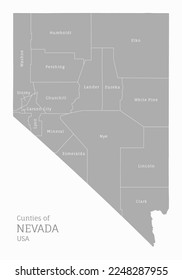 Highly detailed gray map of Nevada, US state. Editable administrative map of Nevada with territory borders and counties names labeled vector illustration