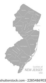 Highly detailed gray map of New Jersey US state. Editable administrative map of New Jersey with territory borders and counties names labeled realistic vector illustration