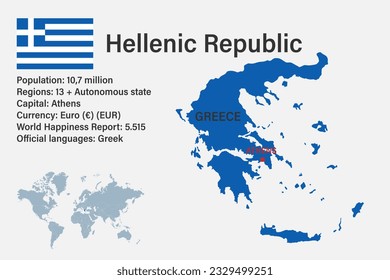 Highly detailed Greece map with flag, capital and small map of the world