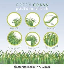 Highly detailed  green grass vector pattern  brush. Outer and inner corner tiles, start and end tiles are included.