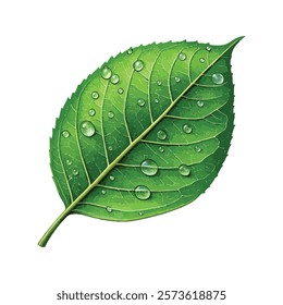  A highly detailed green leaf with tiny water droplets and visible leaf veins, perfect for overlay use.