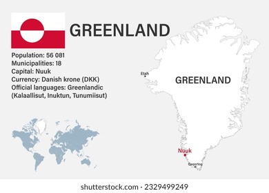 Highly detailed Greenland map with flag, capital and small map of the world