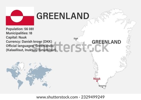 Highly detailed Greenland map with flag, capital and small map of the world