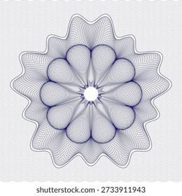 Detailreiche Rosette der Guilloche mit feiner gebogener Linienart und präziser Radialsymmetrie. Dieses abstrakte geometrische Design ist vom Sicherheitsdruck, der Banknotengravur und islamischen geometrischen Mustern inspiriert. Ideal für Premium-Hintergründe, Zertifikate, offizielle Dokumente, Verpackungen, Branding, dekorative Rahmen und elegante Grafikdesign-Projekte.