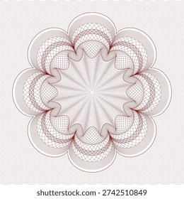 Highly detailed guilloche rosette featuring symmetrical radial geometry and complex interwoven line engraving. This ornamental floral design is composed of fine red mesh curves forming layered petal shapes around a starburst center. Inspired by traditional banknote and certificate security patterns, the artwork includes a subtle wavy line background that enhances its elegant and professional appearance. Ideal for currency-style designs, certificate templates, diploma borders, official documents, decorative backgrounds, anti-counterfeit concepts, and vintage engraving projects.