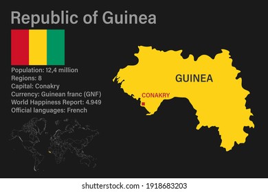 Mapa muy detallado de Guinea con bandera, capital y pequeño mapa del mundo