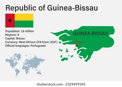 Highly detailed Guinea-Bissau map with flag, capital and small map of the world