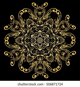 Highly detailed hand drawn mandala border, decorative background with gold Arabic, Indian ornament. Composition for card and scrapbook elements with empty space for text message