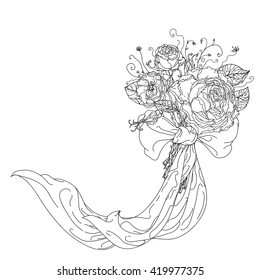Highly detailed  hand drawn wild roses  and ribbon for adult colouring book. Hand-drawn, doodle, vector the best for your design, wedding cards, coloring book. Black and white. 