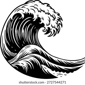 Highly detailed, hand-drawn vector illustration of a powerful ocean wave in a classic black and white style. This intricate monochrome design features fine ink-work, capturing the textured foam and spray of a breaking sea crest. Reminiscent of traditional woodcut or vintage engraving techniques, this ornate wave emblem is perfect for premium nautical branding, artisan surf labels, and high-end maritime logos. Ideal for use as a detailed t-shirt print, intricate tattoo design, or coastal wall art. Representing the raw energy and majesty of the sea, this isolated graphic provides a sophisticated, artistic feel for beverage packaging, outdoor adventure identities, and professional print media.