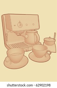 Highly detailed, high quality, stylish illustration of a coffee maker with cups and saucers.