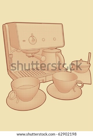 Highly detailed, high quality, stylish illustration of a coffee maker with cups and saucers.