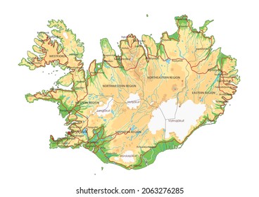 Highly detailed Iceland physical map with labeling.