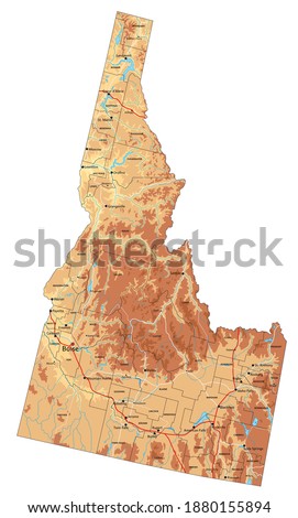 Highly detailed Idaho physical map with labeling.