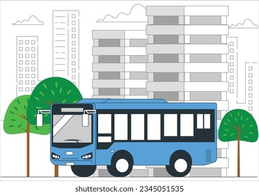 A highly detailed illustration of a modern city bus, perfect for applying advertising to. Blue city bus goes along street. City and tourist buses in vector. Public City Bus Template. 2273