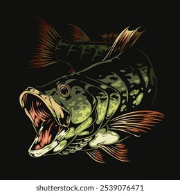 A highly detailed illustration showcases a bass fish leaping from the water featuring vivid colors and a fierce open mouth capturing the energy of an exciting fishing moment.