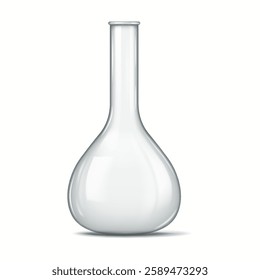 Highly detailed illustration of a transparent laboratory glass flask with a rounded base and narrow neck. Perfect for scientific and educational designs.