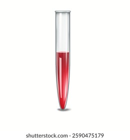 Highly detailed illustration of a transparent test tube containing red liquid. The tube is isolated on a white background casting a small shadow suggesting three-dimensional form.