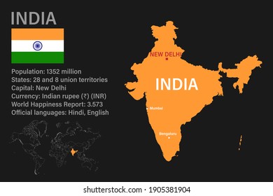 Sehr detaillierte Indische Landkarte mit Flagge, Hauptstadt und kleiner Weltkarte