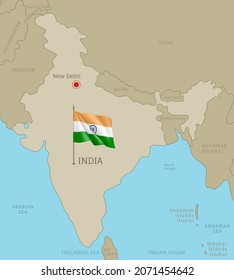 Highly detailed Indian map with flag and labelings. Editable gray map of India with region borders, neighboring countries, national waving flag and New Delhi capital city vector illustration