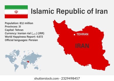 Sehr detaillierte iranische Karte mit Flaggen, Hauptstadt und kleiner Weltkarte