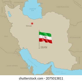 Highly Detailed Iranian Map With Flag And Labelings. Editable Gray Map Of Iran With Region Borders, Neighboring Countries, National Waving Flag And Tehran Capital City Vector Illustration