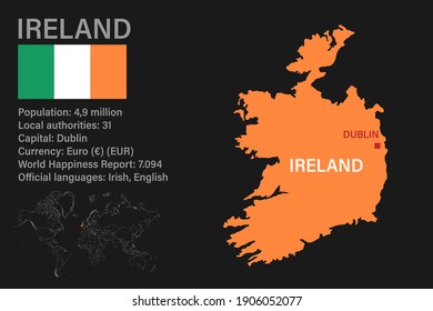 Highly detailed Ireland map with flag, capital and small map of the world
