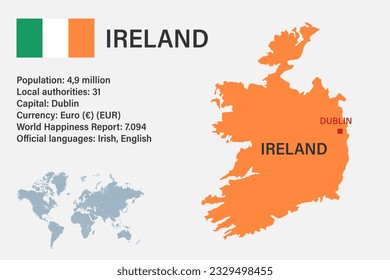 Mapa irlandés altamente detallado con bandera, capital y pequeño mapa del mundo