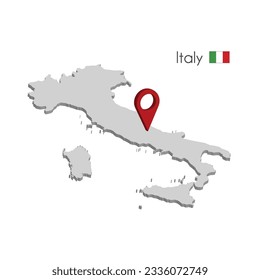 Highly detailed isometric map of Italy with volumetric location icon. 3d illustration with name and flag of Italy on white background. Stock vector illustration.
