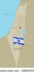 Highly detailed Israeli map with flag and labelings. Editable gray map of Israel with region borders, neighboring countries, national waving flag and Jerusalem capital city vector illustration