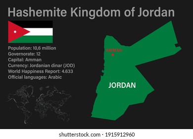 Mapa altamente detallado de Jordania con bandera, capital y pequeño mapa del mundo