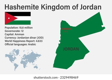Sehr detaillierte jordanische Karte mit Flagge, Hauptstadt und kleiner Weltkarte