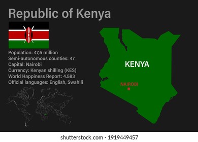 Highly detailed Kenya map with flag, capital and small map of the world