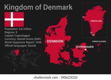 Highly detailed Kingdom of Denmark map with flag, capital and small map of the world