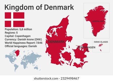 Highly detailed Kingdom of Denmark map with flag, capital and small map of the world