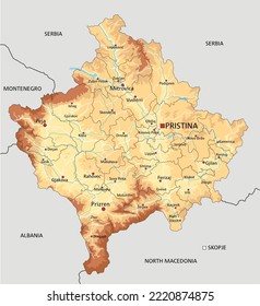 Highly detailed Kosovo physical map with labeling.