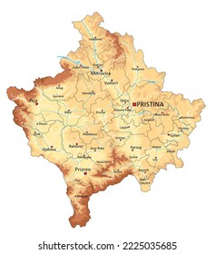 Highly detailed Kosovo physical map with labeling.