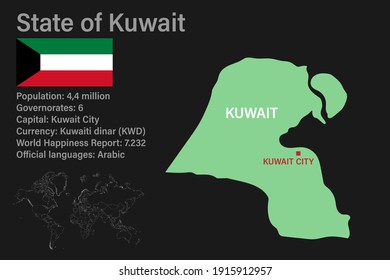 Highly detailed Kuwait map with flag, capital and small map of the world