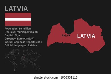 Mapa de Letonia altamente detallado con bandera, capital y pequeño mapa del mundo