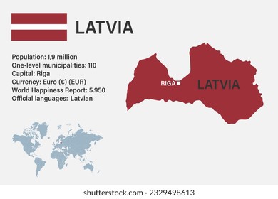 Mapa de Letonia altamente detallado con bandera, capital y pequeño mapa del mundo