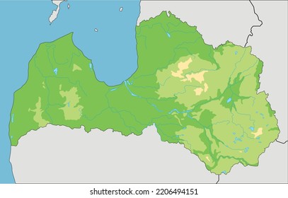 Highly detailed Latvia physical map.