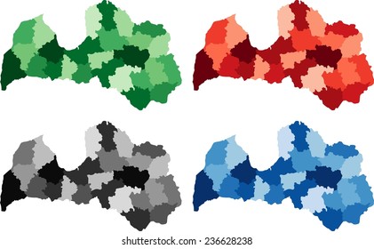 Highly Detailed Latvia political map in four different color. Isolated, editable.