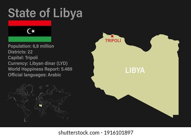 Highly detailed Libya map with flag, capital and small map of the world