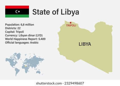 Highly detailed Libya map with flag, capital and small map of the world